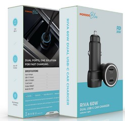 Porodo Blue RIVA 60W Dual USB-C Car Charger Indicator Light